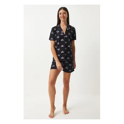 Happiness İstanbul Women's Black Heart Shirt Shorts Pajama Set