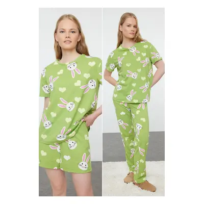 Trendyol Green 3-Pack 100% Cotton Rabbit and Heart Patterned Knitted Pajama Set