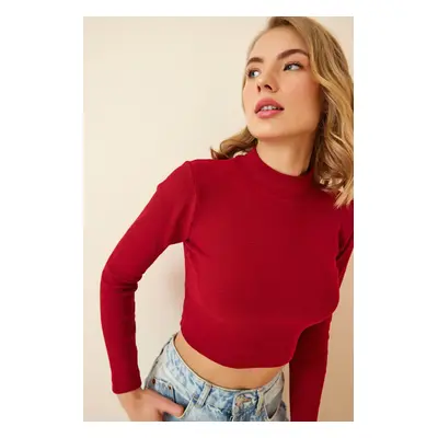 Happiness İstanbul Women's Burgundy Ribbed Turtleneck Crop Knitted Blouse