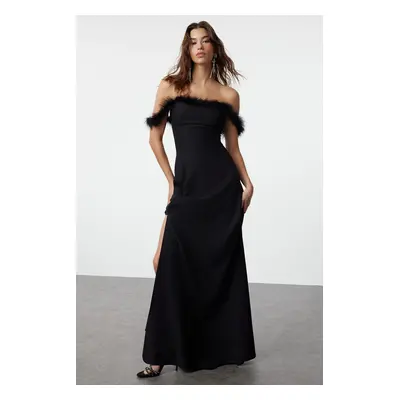 Trendyol Black A-Cut Otriş Detailed Woven Long Evening Dress