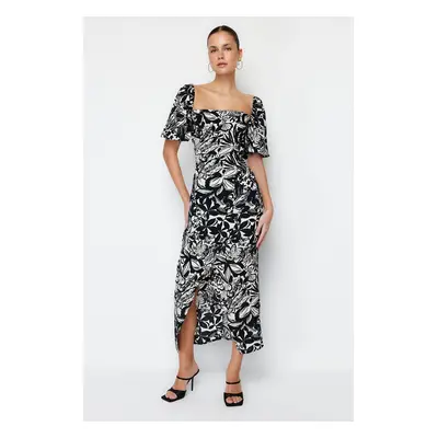 Trendyol Black Floral Balloon Sleeve Viscose Midi Woven Dress