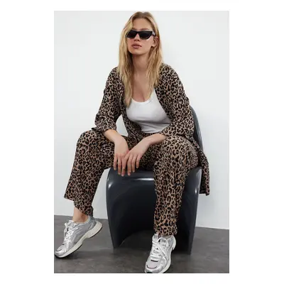 Trendyol Brown Leopard Printed Relaxed Cut Flexible Kimono Knitted Bottom-Top Set