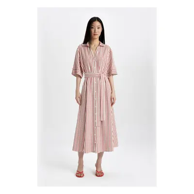 DEFACTO Shirt Collar Striped Belted Linen Short Sleeve Midi Dress