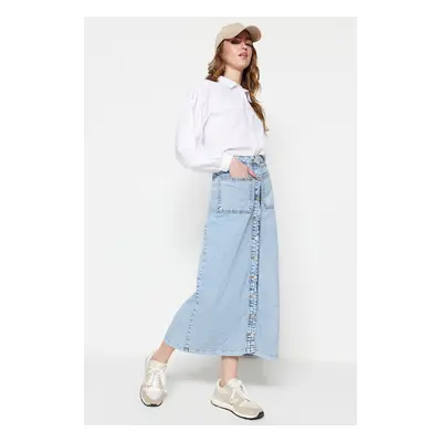 Trendyol Light Blue Double Pocket Buttoned Front High Waist Maxi Denim Jeans Skirt