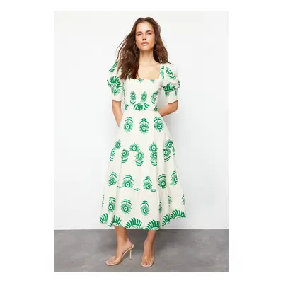 Trendyol Green Patterned Square Neck Linen Look Belted Midi Woven Dress