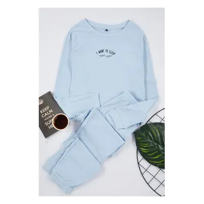 Trendyol Blue Cotton Slogan Embroidered Ribbed Knitted Pajama Set