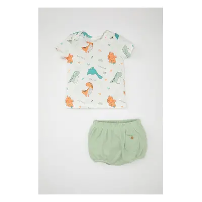 DEFACTO Baby Boy 2-Piece Set Dinosaur Patterned Waffle Short Sleeve T-Shirt Top Elastic Waist Sh