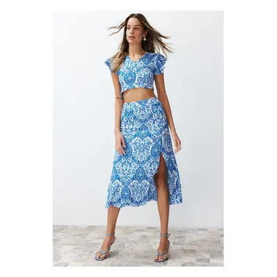 Trendyol Blue Patterned Slit Ribbed Flexible Knitted Blouse Skirt Top-Bottom Set