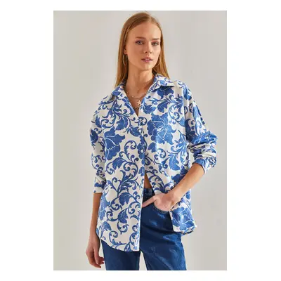 Bianco Lucci Women's Patterned Loose Linen Shirt