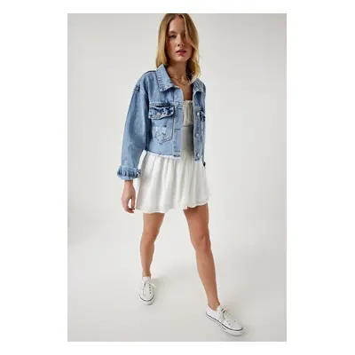 Happiness İstanbul Women's Light Blue Tassel Detailed Denim Crop Jacket