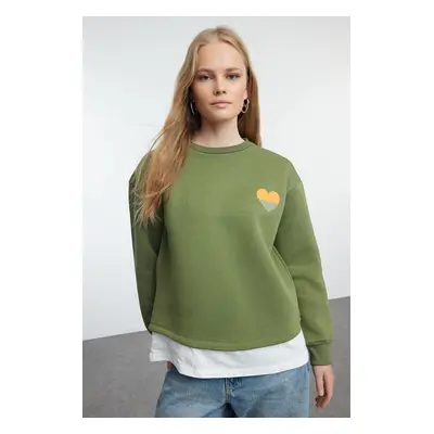 Trendyol Khaki Poplin Detailed and Embroidery Detailed Regular/Normal Fit Knitted Sweatshirt