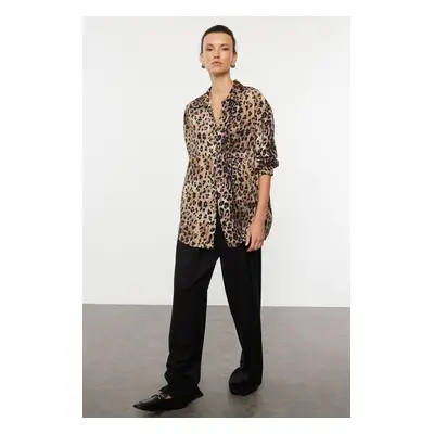 Trendyol Brown Leopard Animal Patterned Oversize Woven Wide Pattern Shirt