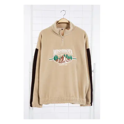 Trendyol Stone Unisex Oversize/Wide Cut Stand Collar City Embroidery Anti-pilling Fleece Sweatsh