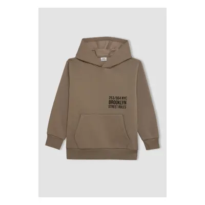 DEFACTO Boys Khaki Pocket Text Printed Hooded Thick School Sweatshirt