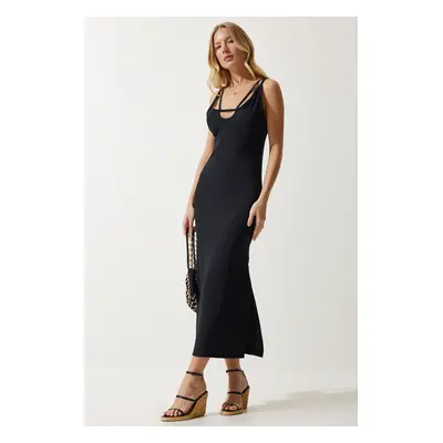 Happiness İstanbul Women's Black Strappy Slit Summer Ribbed Knitted Dress