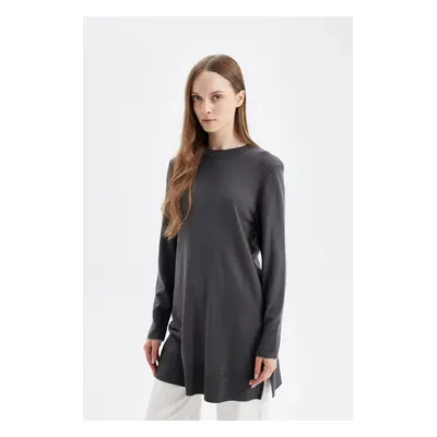 DEFACTO Regular Fit Crew Neck Slit Basic Plain Knitwear Sweater Tunic