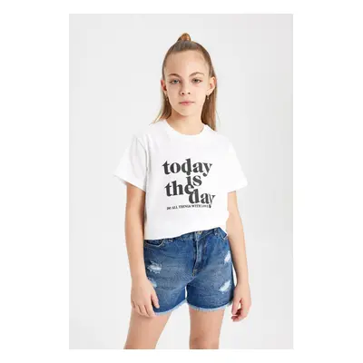 DEFACTO Girls Crew Neck Printed Short Sleeve T-Shirt