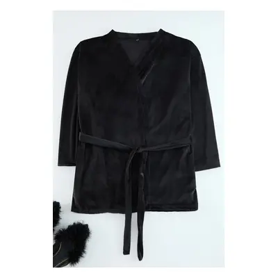 Trendyol Curve Black Belted Double Breasted Velvet Knitted Dressing Gown