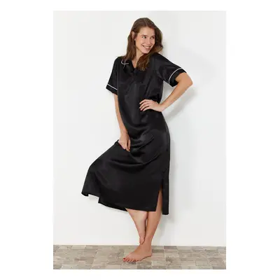 Trendyol Black Piping and Slit Detailed Satin Woven Nightgown