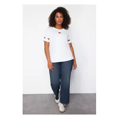 Trendyol Curve 100% Cotton T-Shirt with White Cut Out Detail and Colorful Heart Embroidery