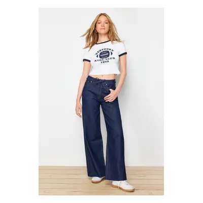 Trendyol Dark Blue More Sustainable High Waist Wide Leg Jeans with Waist Detail