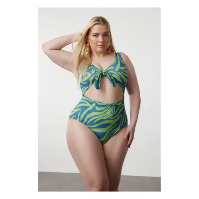 Trendyol Curve Blue-Green Tie Detailed Floral Patterned Swimsuit