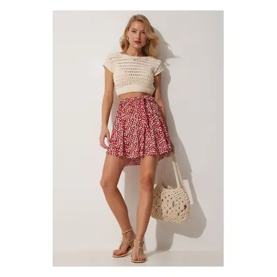 Happiness İstanbul Women's Red Floral Patterned Mini Knitted Shorts Skirt