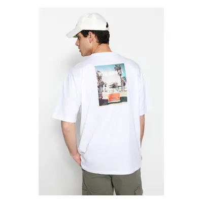 Trendyol White Oversize/Wide Cut Landscape Printed Short Sleeve 100% Cotton T-Shirt