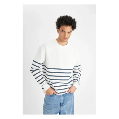 DEFACTO Comfort Regular Fit Relaxed Fit Crew Neck Striped Thick Fabric Sweatshirt