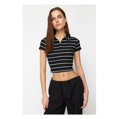 Trendyol Black Striped Fitted/Fitted Crop Polo Neck Ribbed Stretch Knitted Blouse