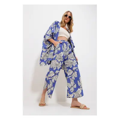 Trend Alaçatı Stili Women's Blue Palazzo Pants And Patterned Woven Viscose Kimono Suit