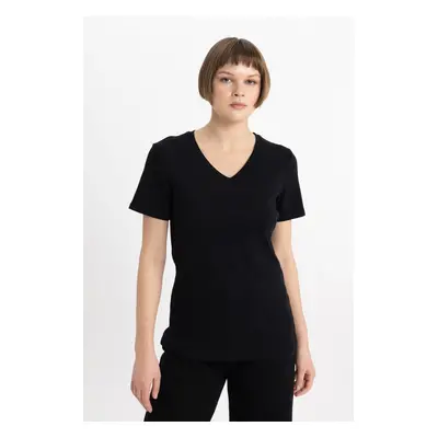 DEFACTO Slim Fit V Neck Rib Basic Short Sleeve T-Shirt