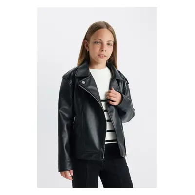 DEFACTO Girl Water Repellent Jacket Collar Zippered Faux Leather Coat