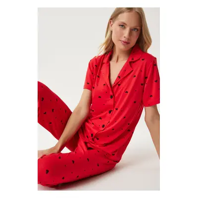 Happiness İstanbul Women's Red Heart Shirt Trousers Pajama Set