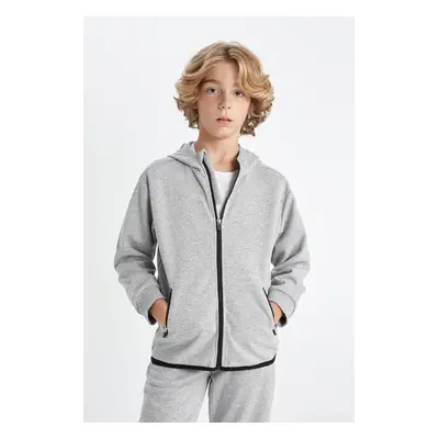 DEFACTO Boy Basic Gray Hooded Pocket Zipper Sweatshirt