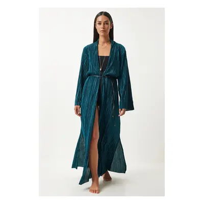 Happiness İstanbul Women's Dark Green Leather Belted Pleated Long Kimono