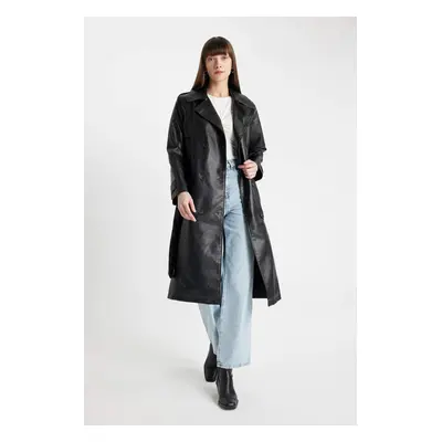 DEFACTO Water Repellent Faux Leather Trench Coat Double Breasted Collar Buttoned Belt Pocket