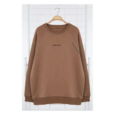 Trendyol Mink Regular/Normal Cut Raglan Sleeve Text Printed Plus Size Sweatshirt