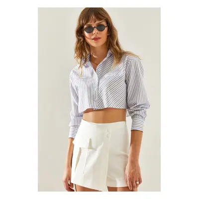 Bianco Lucci Women's Horizontal Flotilla Detail Striped Crop Shirt