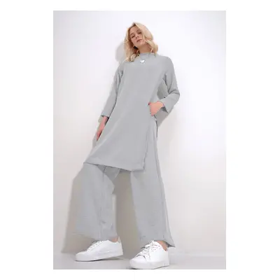 Trend Alaçatı Stili Women's Gray Crew Neck Side Slits and Cuffs Tunic and Palazzo Trousers Doubl