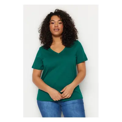 Trendyol Curve Emerald V-Neck Basic 100% Cotton Knitted T-Shirt