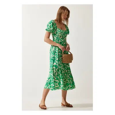 Happiness İstanbul Women's Green Floral Patterned Summer Viscose Dress