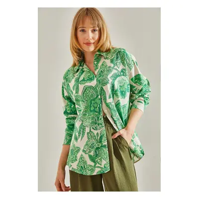 Bianco Lucci Women's Green Multi Patterned Linen Shirt