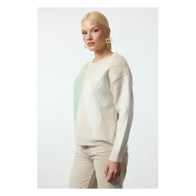 Trendyol Stone Soft Textured Diamond Patterned Crew Neck Knitwear Sweater