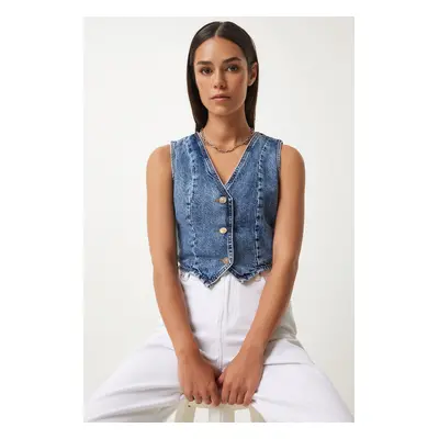 Happiness İstanbul Women's Dark Blue V-Neck Crop Denim Vest