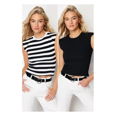 Trendyol 2-Pack Black-Multicolor Striped and Straight Ribbed Crop Moon Sleeve Elastic Knitted Bl