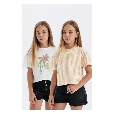 DEFACTO Girls Crop Crew Neck Printed 2-Piece Short Sleeve T-Shirt