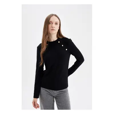 DEFACTO Black Ribbed Camisole Buttoned Long Sleeve Basic Plain T-Shirt Tunic