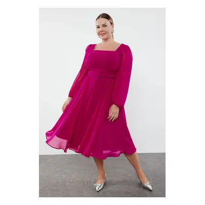 Trendyol Curve Plum Belted Square Neckline Long Balloon Sleeve Chiffon A-Line Plus Size Evening 