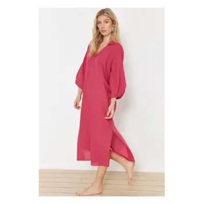 Trendyol Fuchsia Wide Pattern Weaving 100% Cotton Midi Beach Dress